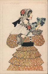 Woman in dress and bonnet, holding long-stemmed flowers Postcard