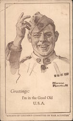 Greetings: I'm in the good old U.S.A. Norman Rockwell Soldier. Postcard