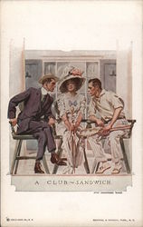 A club sandwich - two men sit staring at woman in big hat - James Montgomery Flagg Postcard