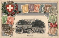 Engelberg - town scene, surrounded by postage stamps in various denominations and colors Stamp Postcards Atelier Postcard Postca Postcard