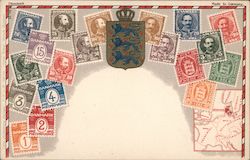 Danmark assorted stamps with royal shield Postcard
