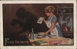 Feed the Brute? Woman holding cookbook but shadow has an ax. A-733 Postcard