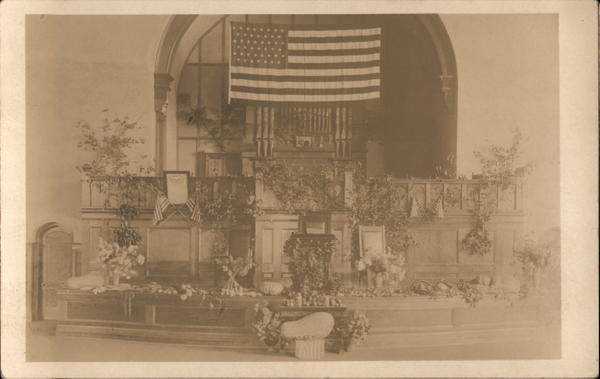 Church altar with U.S. Flag and flowers Religious