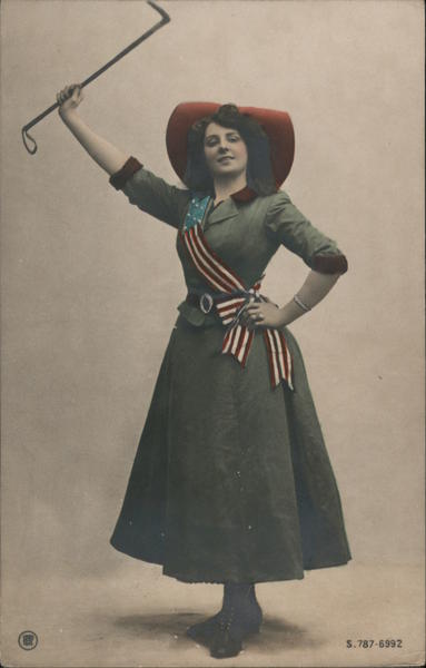 Colorized photo of woman wearing patriotic banner and bow with riding crop