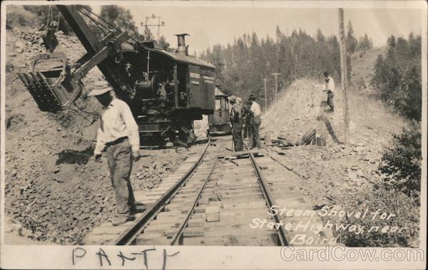 Steam Shovel for State Highway digging next to train tracks, Baird Shasta Lake California