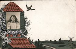 Painting of house with open window-real photo of girl in window Postcard