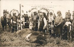 Geronimo carving buffalo meat for his Indians. Chiefs in Full Headdress Postcard