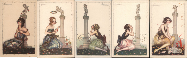 Set of 5: Woman with Statue of Cupid Series 535 Adolfo Busi