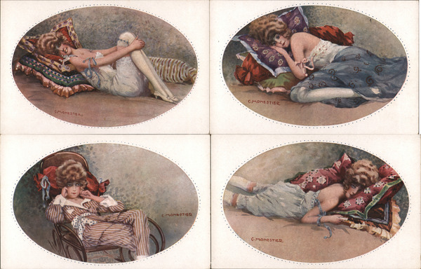 Set of 4: Women on Pillows, Art Deco C. Monestier Artist Signed