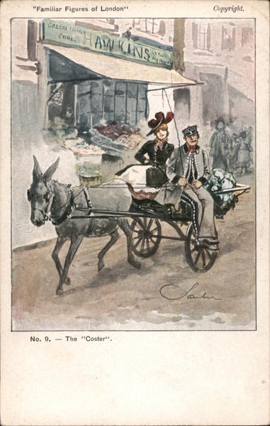 No. 9. - The Coaster. - Man and Woman Ride Wagon Pulled By Donkey