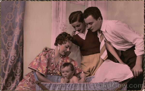 Art Deco: A Man, Woman, and Boy admire a baby in a bassinet
