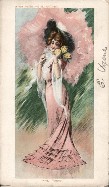 Lady dressed in pink, with pink parasol and yellow roses