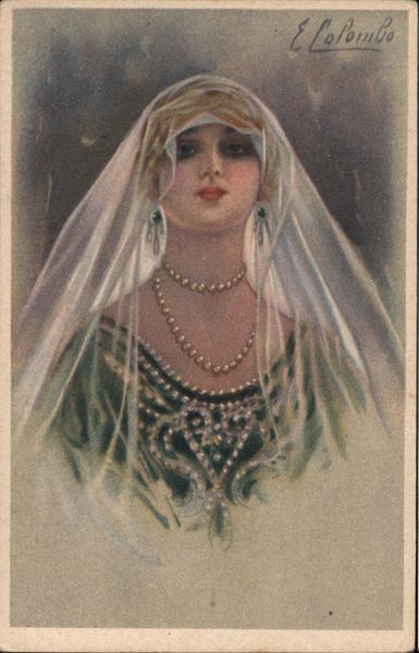 Women in Veil with Pearl Necklace Artist Signed