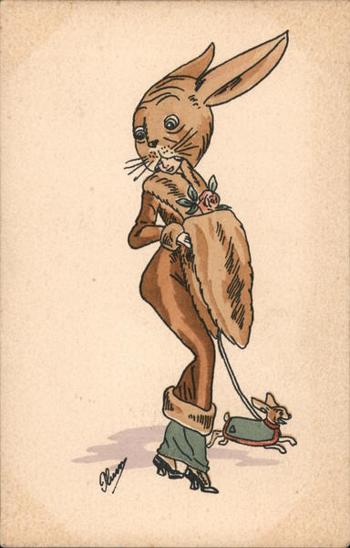 Woman dressed as rabbit with Dog Artist Signed