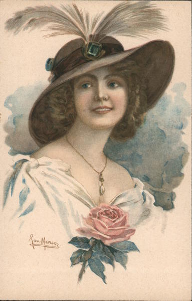 Woman in fancy hat with rose Jan Marco Artist Signed