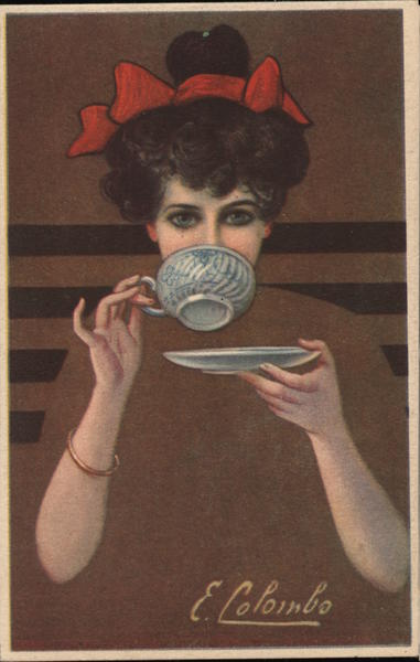 Fade-Away: Woman Drinking Coffee E. Colombo Artist Signed