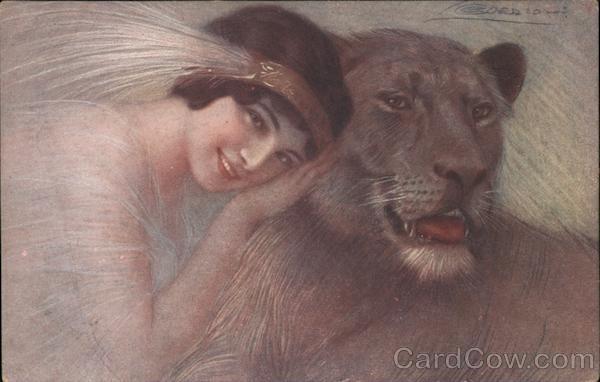 Woman with a lion Artist Signed