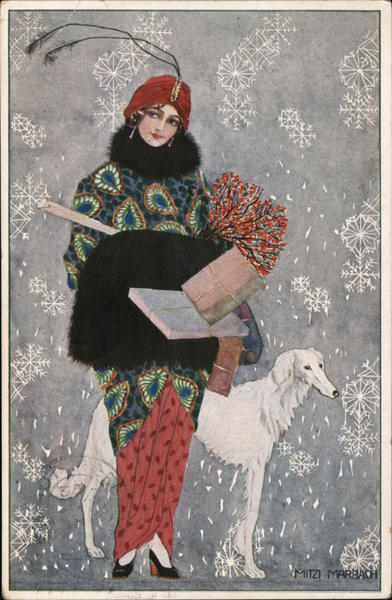 Art Deco: Fashionable Woman with Thin White Dog Mitzi Marbach