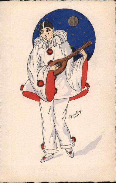 Clown in costume playing a mandolin Douky Circus