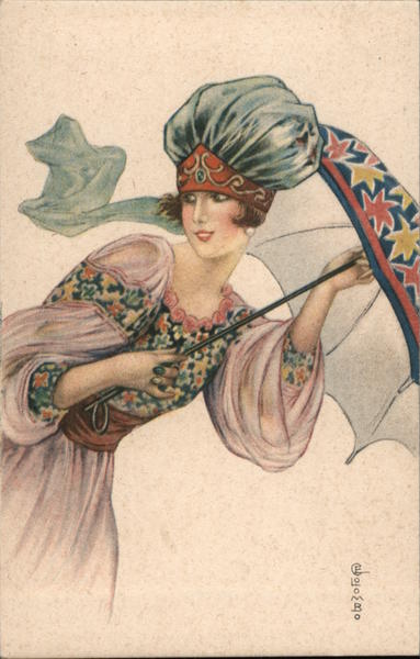 Deco Woman with Parasol, Fancy Hat, and Floral Dress