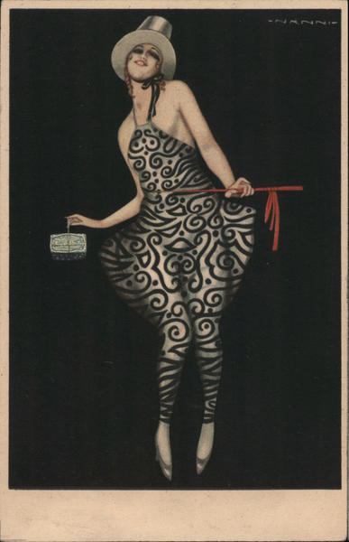 Lady with silver top hat, in black and silver dress, carrying a small box