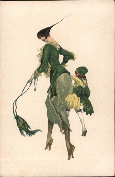 Italian: Art Deco Woman and Girl in Green Artist Signed
