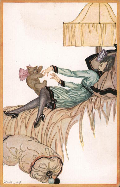 Art Deco: Woman reclining on a bed with Teddy Bear