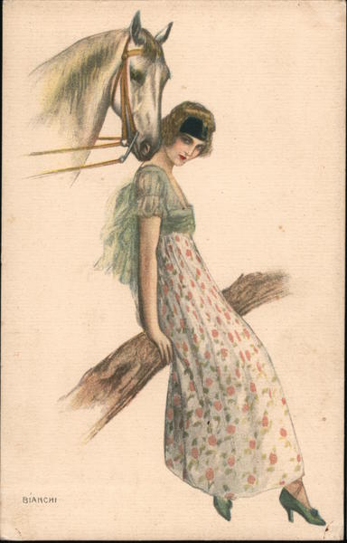 Horse nuzzles woman's neck as she sits on a tree branch