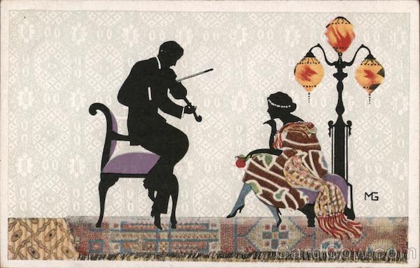 Man and Woman in silhouette - Man playing violin; woman sitting and listening