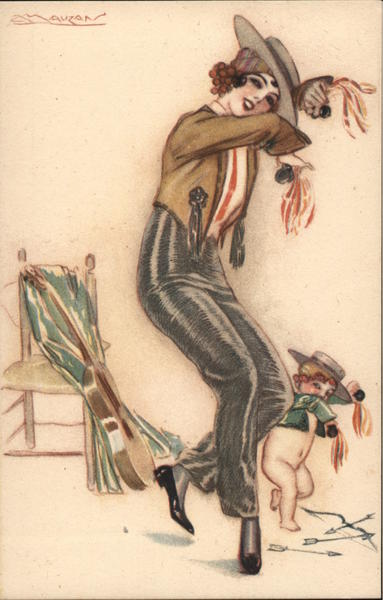 Woman and baby dancing in fancy hats, guitar in background