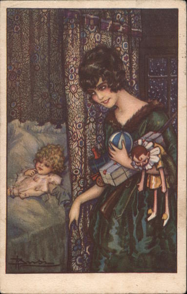 Small child in bed, sleeping; woman, behind curtain, holds child's toys