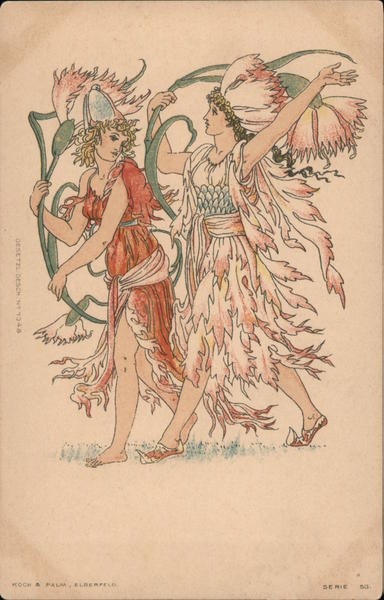 Two fairies dressed in flower-petal dresses and hats, carrying large flowers