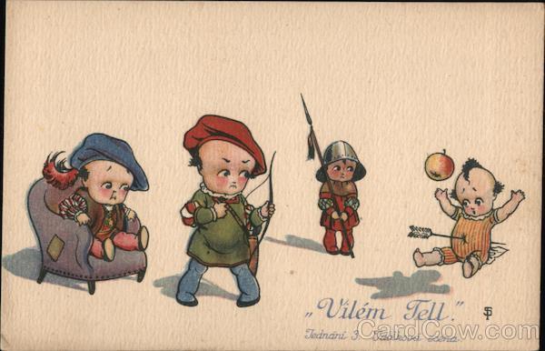 Vilem Tell - 4 small children reenacting a scene with a bow, arrow, and apple