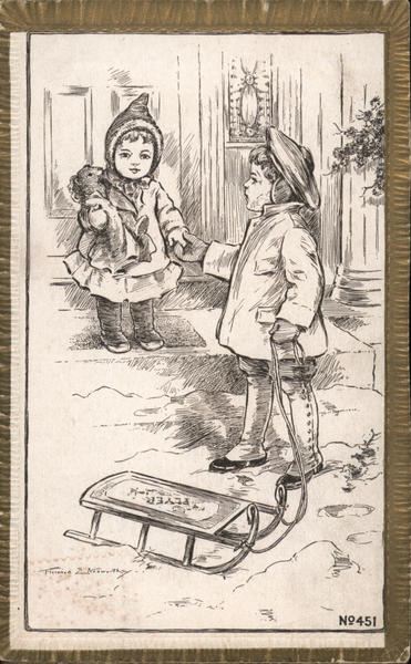 Girl and boy holding hands with sleigh Children