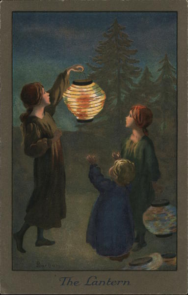 Three Children Gathered Around a Lantern