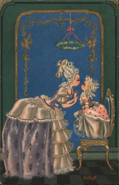 Swedish Woman and Girl in fancy dresses, kissing under a wreath