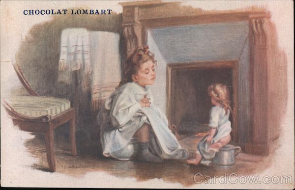 Chocolat Lombart - Girl and doll, sitting on pots Advertising