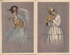 Set of 2: Woman with Umbrella/Flowers Postcard