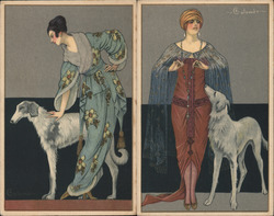 Set of 2: Art Deco Women with dogs Artist Signed E. Colombo Postcard Postcard Postcard