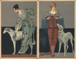 Set of 2: Art Deco Women with dogs Postcard