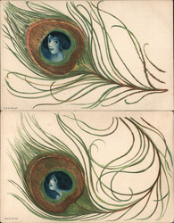 Set of 2: Woman's Face in Peacock Feather Postcard