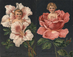 Set of 2: Babies in Flowers Embossed Congratulations Postcard