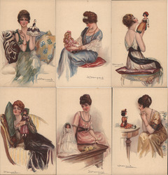 Complete Set of 6: Women with Dolls Series 986 Postcard