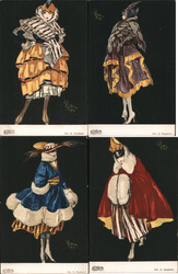 Set of 4: Glamour Women, Art Deco Postcard