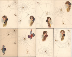 Set of 8: Women with Spiders Webs Series 281 & 494 Postcard