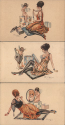 Set of 3: Women with Cupid, Glamour Art Deco Postcard