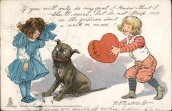 Young boy and girl with dog and the boy is holding a heart Postcard