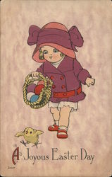 Little Girl Holds Basket of Colored Eggs And Chases Chick Postcard