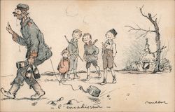 A man carrying bottles and a pan walks away from a small crowd of children Postcard