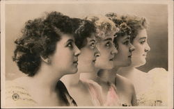 Five Ladies' faces in profile, standing near each other, looking in same direction Postcard